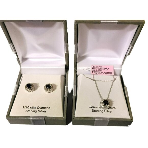 Sterling Silver Blue Sapphire & Diamond Necklace & Earrings Sept Birthstone DH1 - Picture 12 of 16